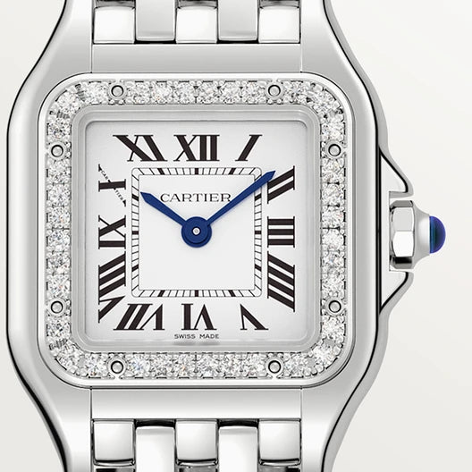 Montre Cartier Panthère , Boîte en acier, lunette sertie de 36 diamants, Modèle Moyen